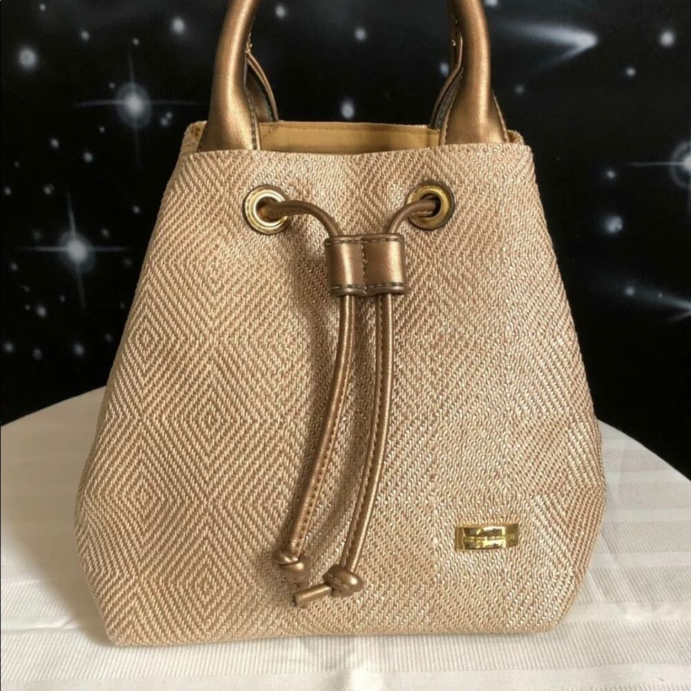 LIZ Claiborne Tan & Gold Woven Hobo Handbag w/ Rolled Handles